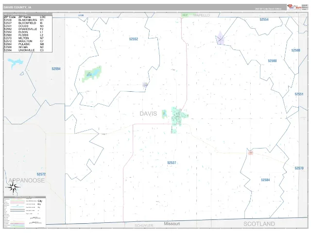 Davis County, IA ZIP Code Wall Map, Classic style