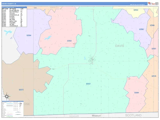 Davis County, IA ZIP Code Wall Map, ColorCast style