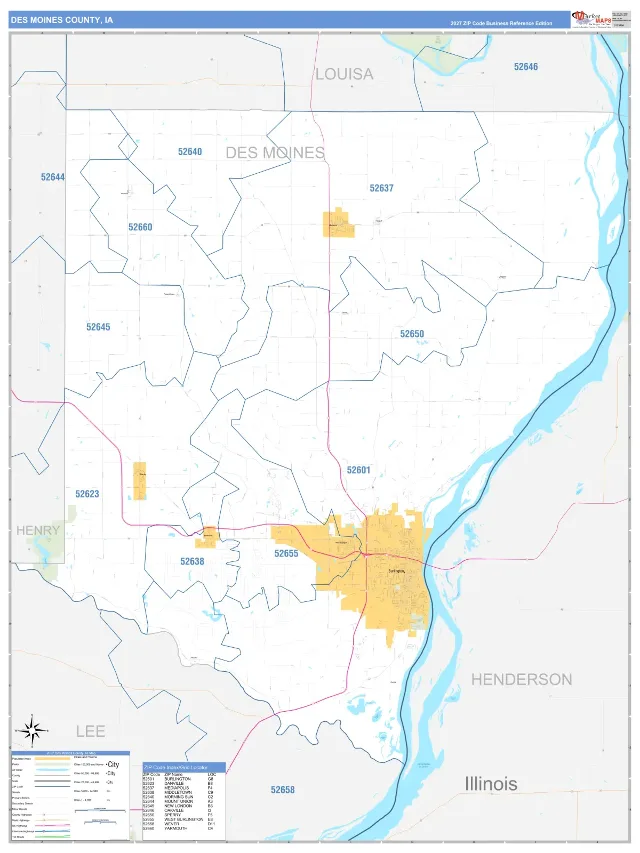 Des Moines County, IA ZIP Code Wall Map, Business Reference style
