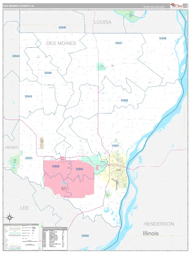 Des Moines County, IA ZIP Code Wall Map, Classic style