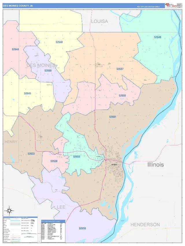 Des Moines County, IA ZIP Code Wall Map, ColorCast style