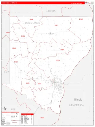 Des Moines County, IA RedLine style ZIP Code wall map