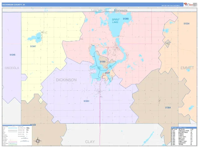 Dickinson County, IA ZIP Code Wall Map, ColorCast style