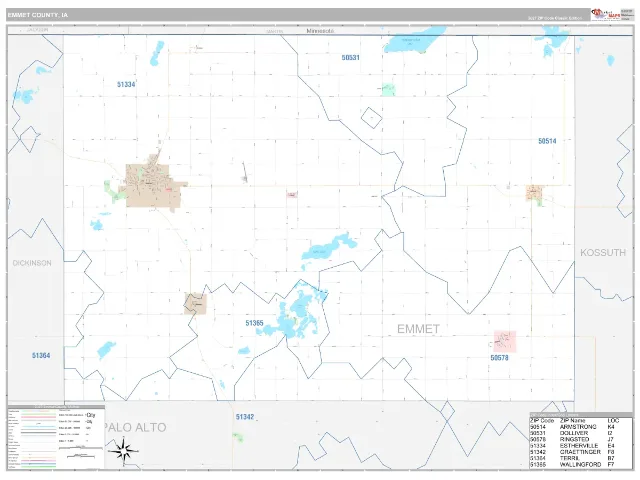 Emmet County, IA ZIP Code Wall Map, Classic style