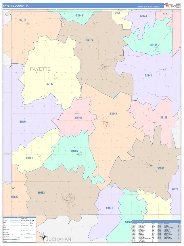Fayette County, IA ZIP Code Wall Map, ColorCast style