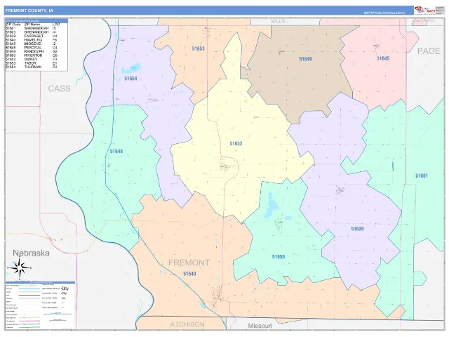Fremont County, IA ZIP Code Wall Map, ColorCast style