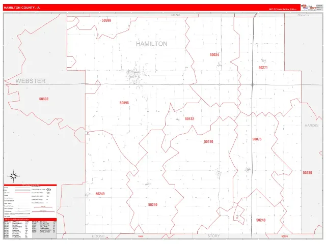 Hamilton County, IA ZIP Code Wall Map, RedLine style