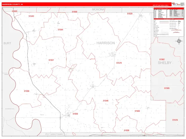 Harrison County, IA ZIP Code Wall Map, RedLine style
