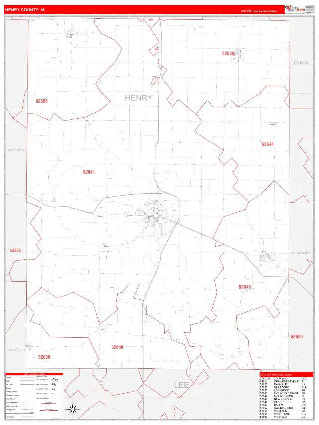 Henry County, IA ZIP Code Wall Map, RedLine style
