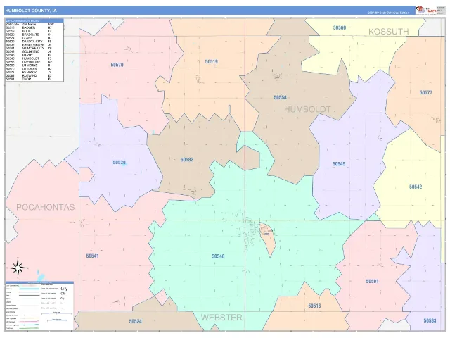 Humboldt County, IA ZIP Code Wall Map, ColorCast style