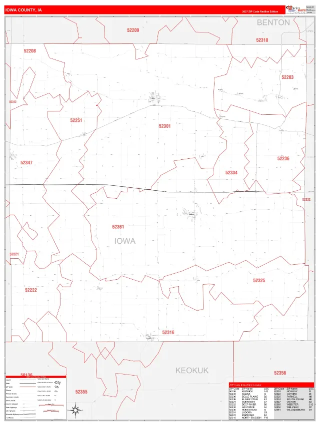Iowa County, IA ZIP Code Wall Map, RedLine style