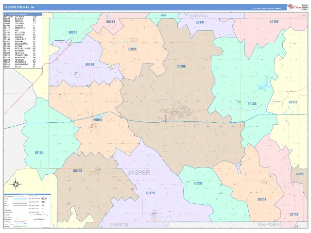 Jasper County, IA ZIP Code Wall Map, ColorCast style