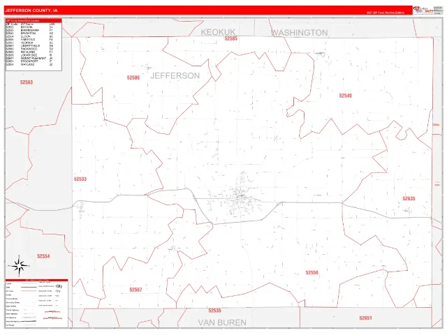 Jefferson County, IA ZIP Code Wall Map, RedLine style