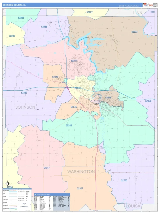 Johnson County, IA ZIP Code Wall Map, ColorCast style