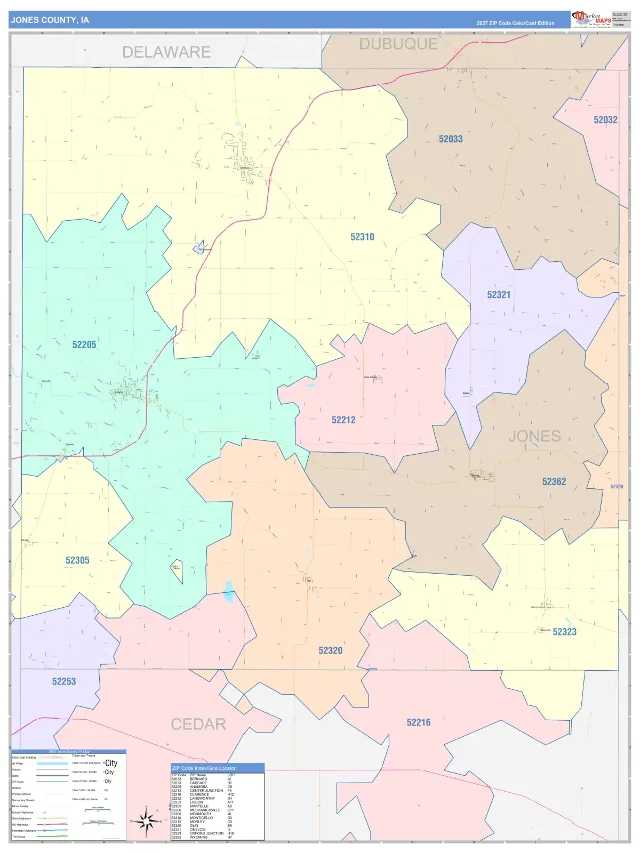 Jones County, IA ZIP Code Wall Map, ColorCast style