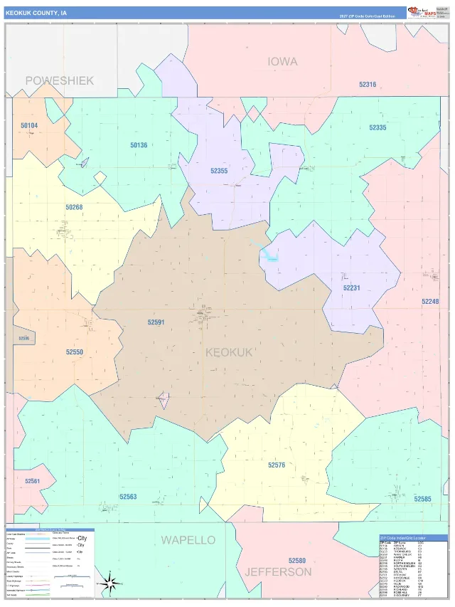 Keokuk County, IA ZIP Code Wall Map, ColorCast style