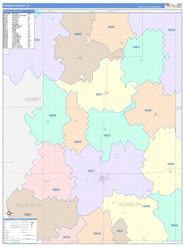 Kossuth County, IA ZIP Code Wall Map, ColorCast style