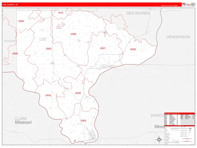 Lee County, IA ZIP Code Wall Map, RedLine style