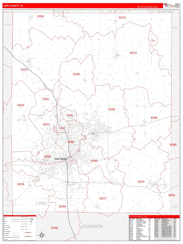 Linn County, IA ZIP Code Wall Map, RedLine style