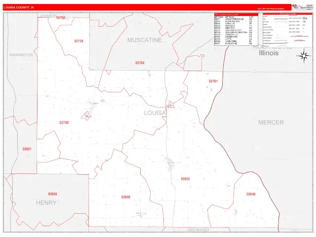 Louisa County, IA ZIP Code Wall Map, RedLine style
