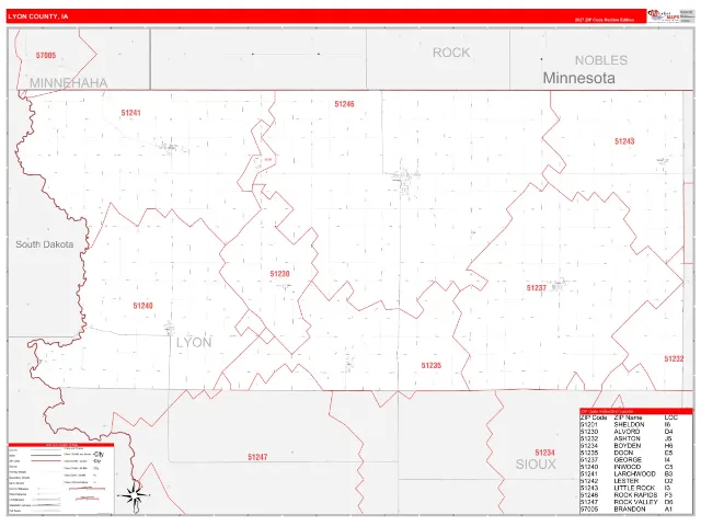 Lyon County, IA ZIP Code Wall Map, RedLine style