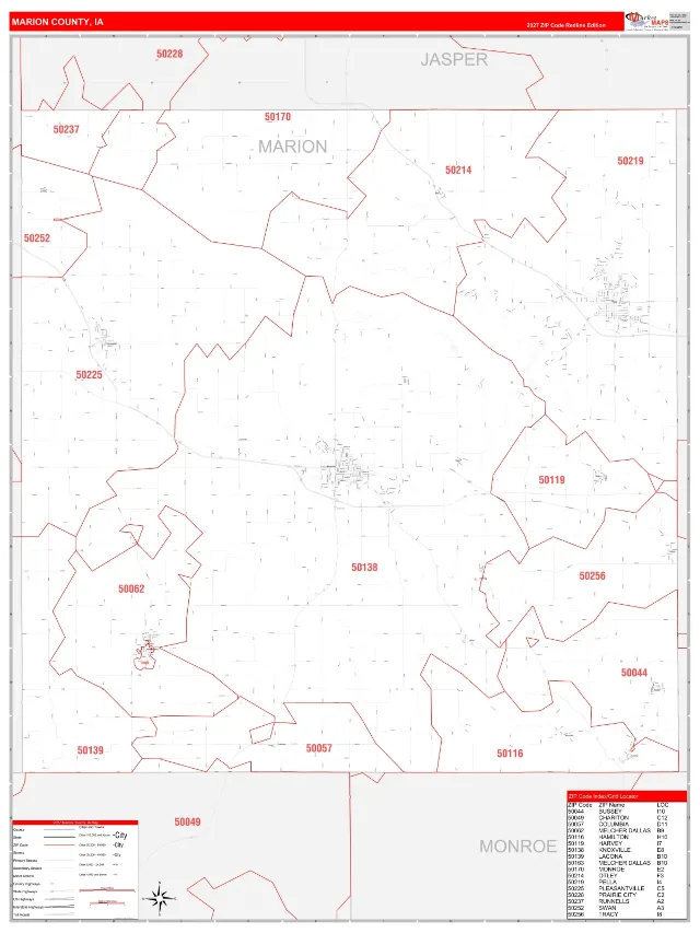 Marion County, IA ZIP Code Wall Map, RedLine style