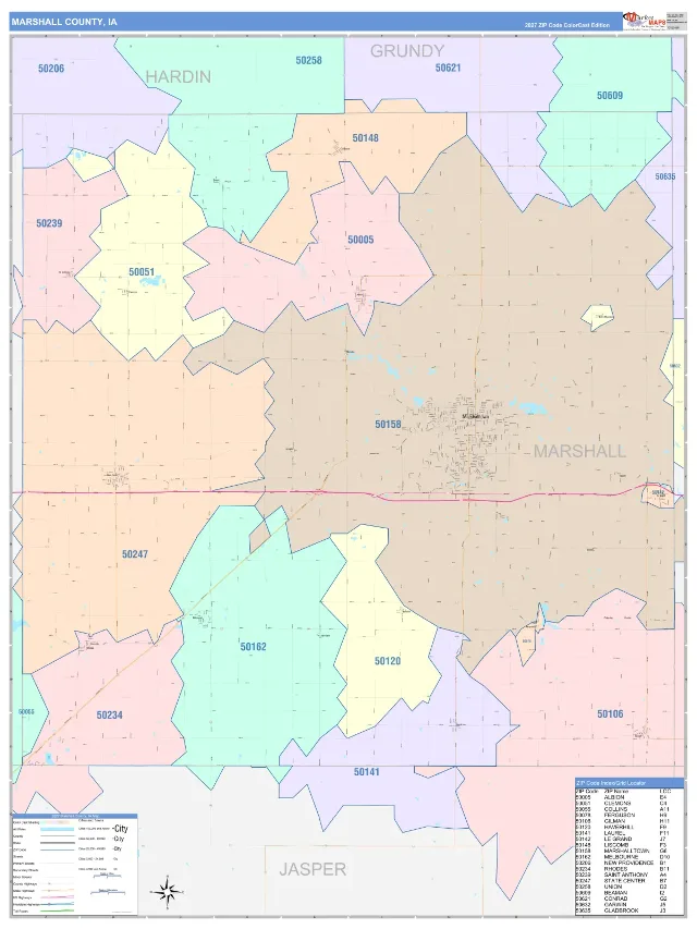 Marshall County, IA ZIP Code Wall Map, ColorCast style