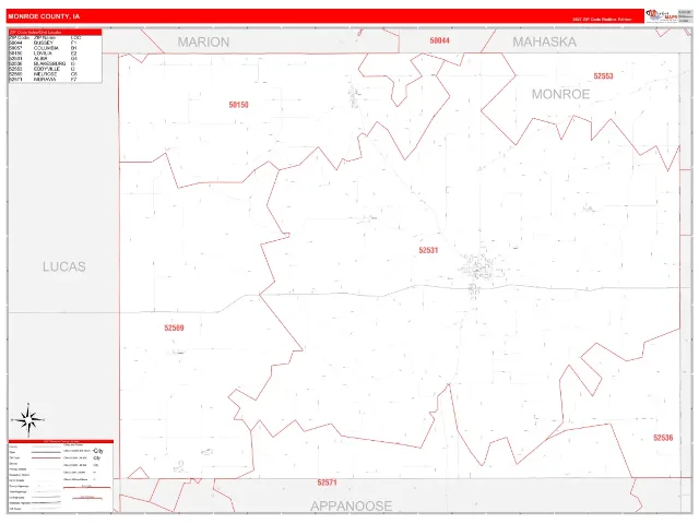 Monroe County, IA ZIP Code Wall Map, RedLine style