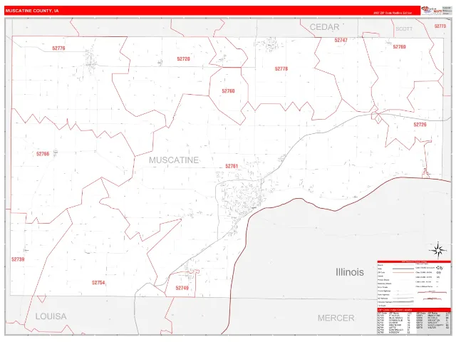 Muscatine County, IA ZIP Code Wall Map, RedLine style