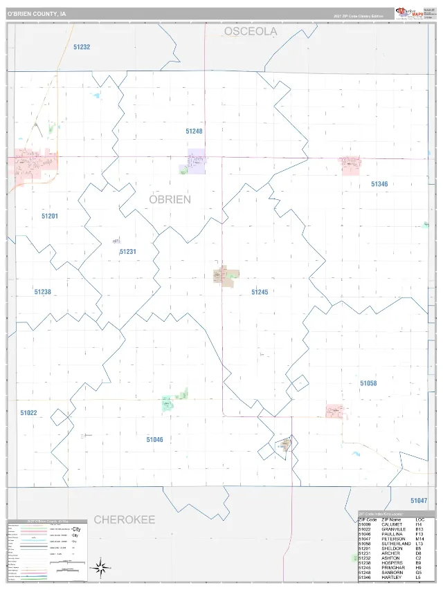 O'Brien County, IA ZIP Code Wall Map, Classic style