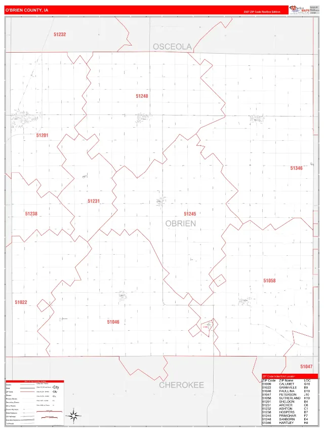 O'Brien County, IA ZIP Code Wall Map, RedLine style