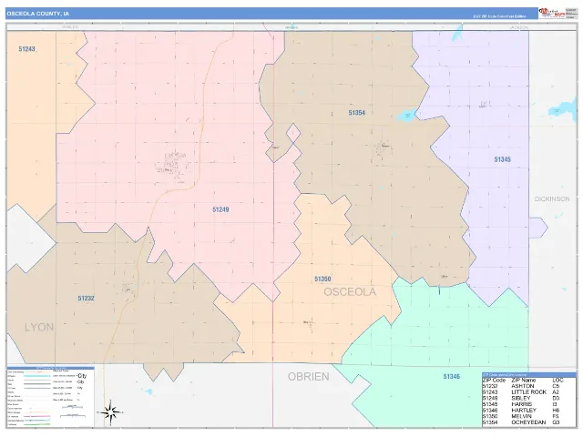 Osceola County, IA ZIP Code Wall Map, ColorCast style