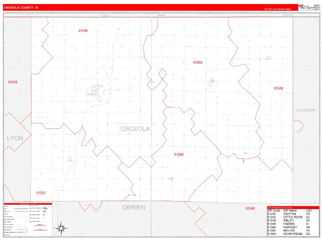 Osceola County, IA ZIP Code Wall Map, RedLine style