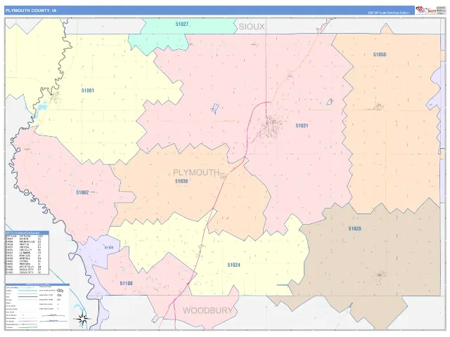 Plymouth County, IA ZIP Code Wall Map, ColorCast style