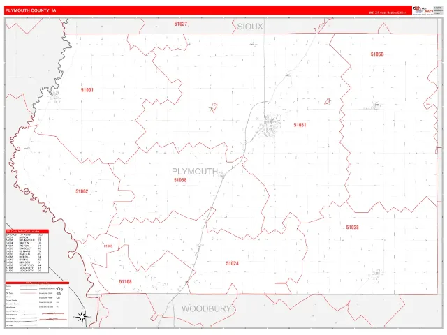 Plymouth County, IA ZIP Code Wall Map, RedLine style