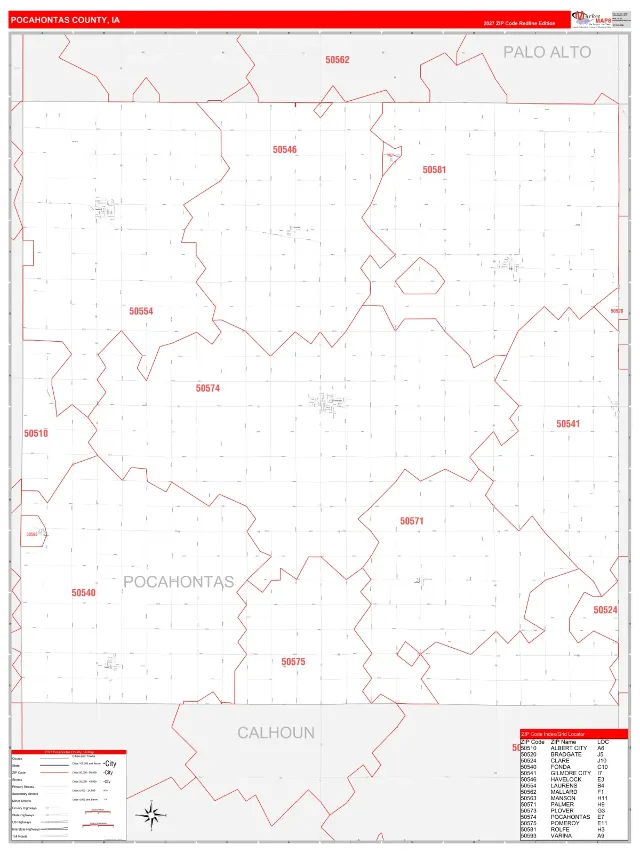 Pocahontas County, IA ZIP Code Wall Map, RedLine style