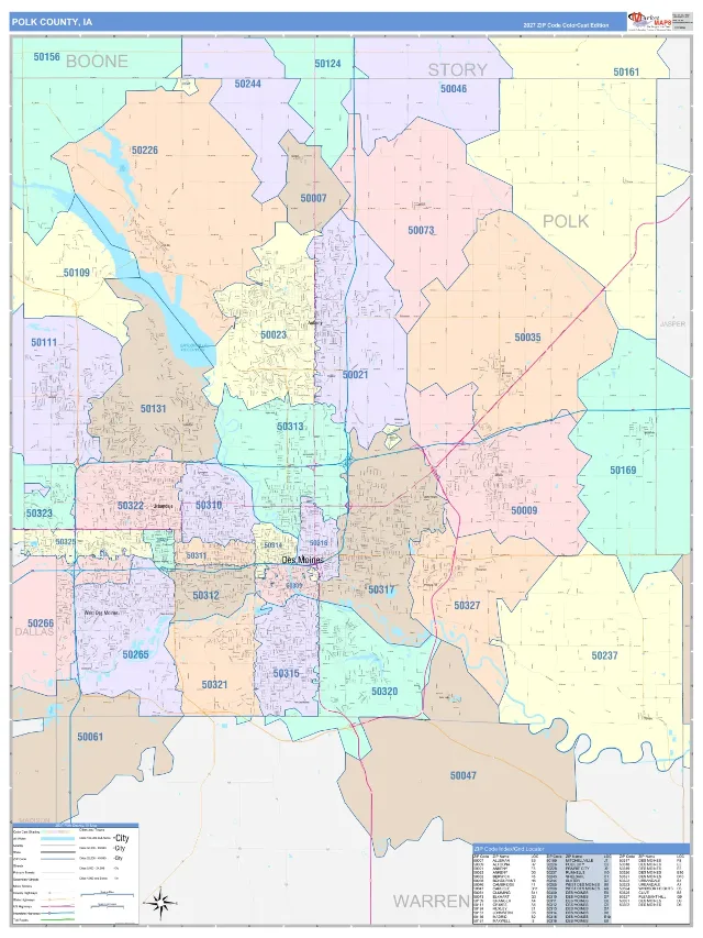Polk County, IA ZIP Code Wall Map, ColorCast style