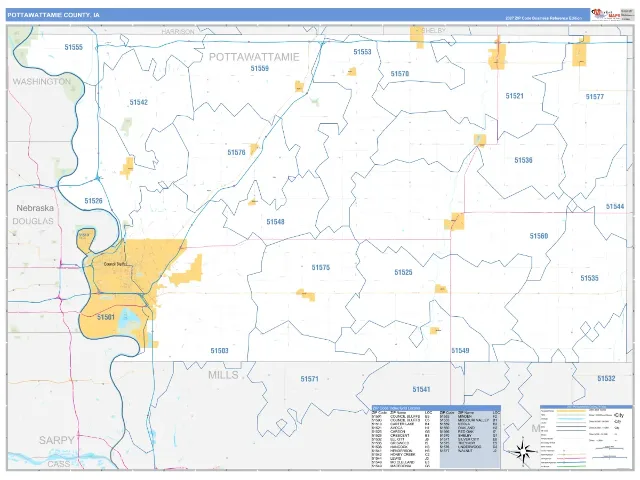 Pottawattamie County, IA ZIP Code Wall Map, Business Reference style