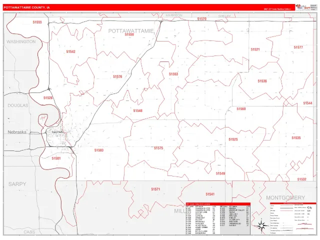 Pottawattamie County, IA ZIP Code Wall Map, RedLine style