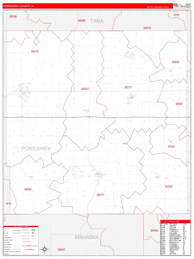 Poweshiek County, IA ZIP Code Wall Map, RedLine style