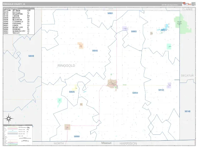 Ringgold County, IA ZIP Code Wall Map, Classic style