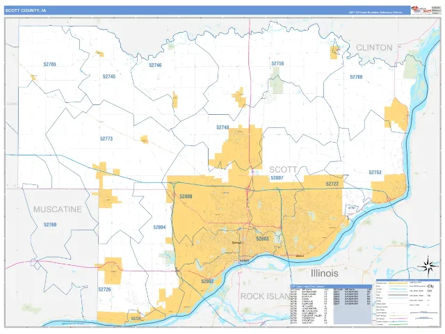 Scott County, IA ZIP Code Wall Map, Business Reference style