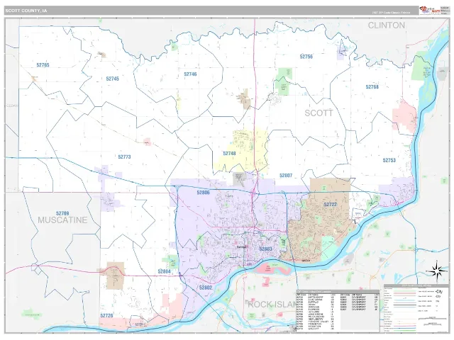 Scott County, IA ZIP Code Wall Map, Classic style