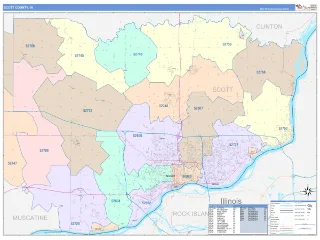 Scott County, IA ColorCast style ZIP Code wall map