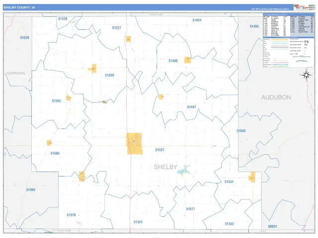 Shelby County, IA ZIP Code Wall Map, Business Reference style