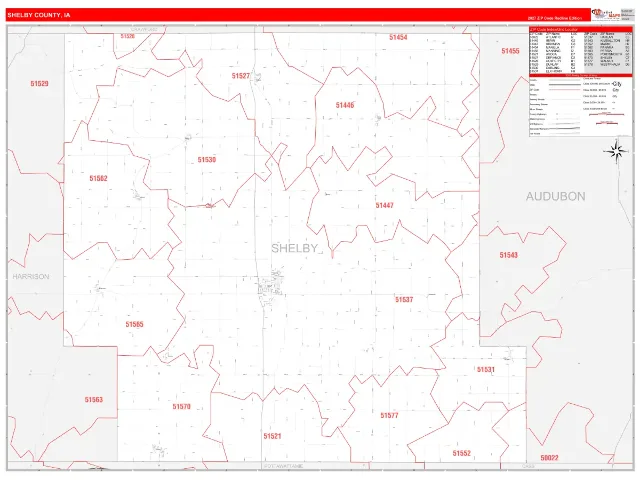 Shelby County, IA ZIP Code Wall Map, RedLine style