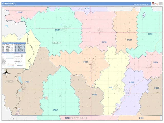 Sioux County, IA ZIP Code Wall Map, ColorCast style