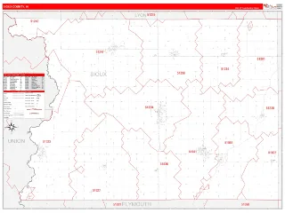 Sioux County, IA RedLine style ZIP Code wall map