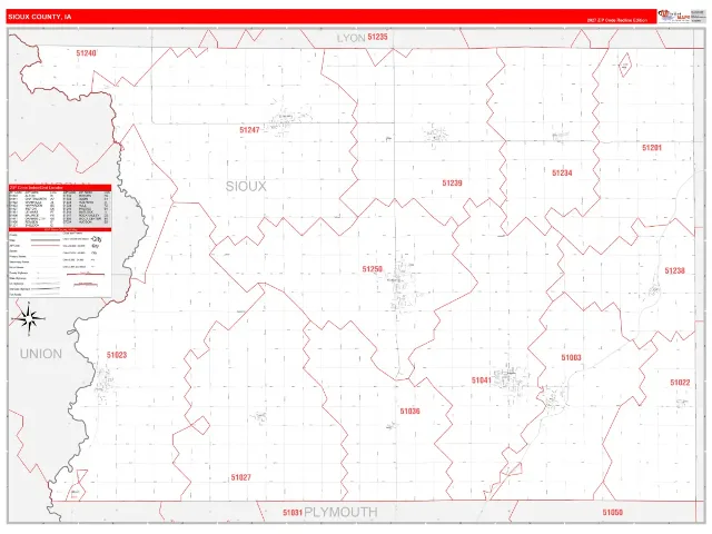 Sioux County, IA ZIP Code Wall Map, RedLine style