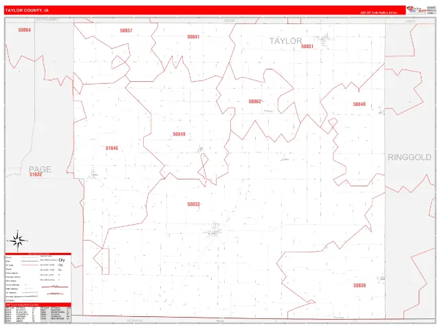 Taylor County, IA ZIP Code Wall Map, RedLine style